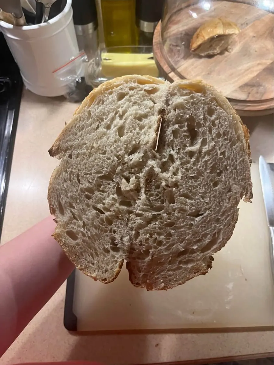 Sourdough loaf cut in half to show the inside